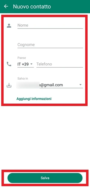 i dati da inserire come nuovo contatto su whatsapp, come nome, cognome ,paese, email di salvataggio google drive. Il pulsante salva è incorniciato in rosso