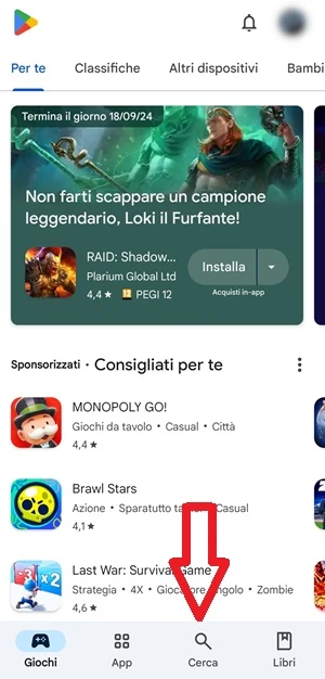 icona cerca del play store che è indicata con una freccia di colore rosso