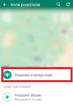 da whatsapp nella schermata per l'invio della posizione è evidenziata in rosso la voce posizione in tempo reale